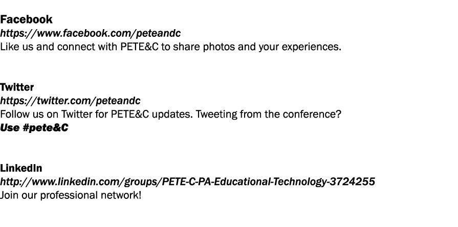  Facebook  https:  www facebook com peteandc Like us and connect with PETE&C to share photos and your experiences   T   