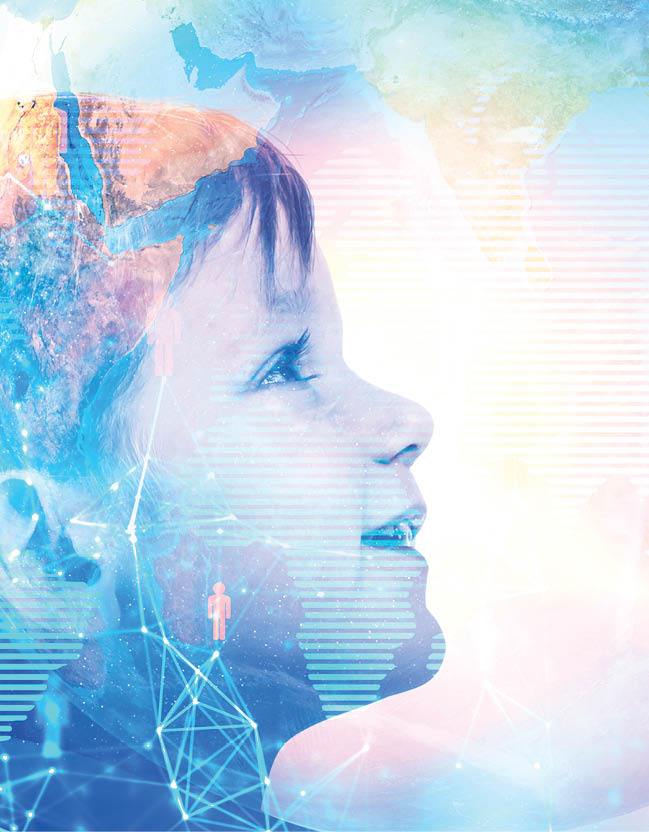 Profile of adorable little boy looking up and smiling  Planet network of people  Global world and future concept  Toned image double exposure mock up Elements of this image furnished by NASA