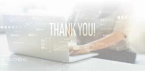 Thank you with woman using her laptop in her home office